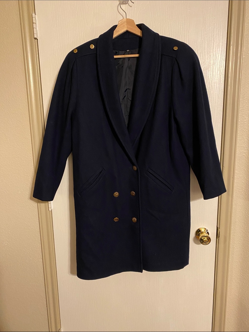 Vintage Double-Breasted Navy Pea Coat with Gold Buttons